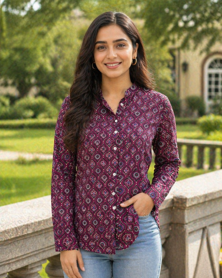 Wine Geometric Printed Casual Shirt