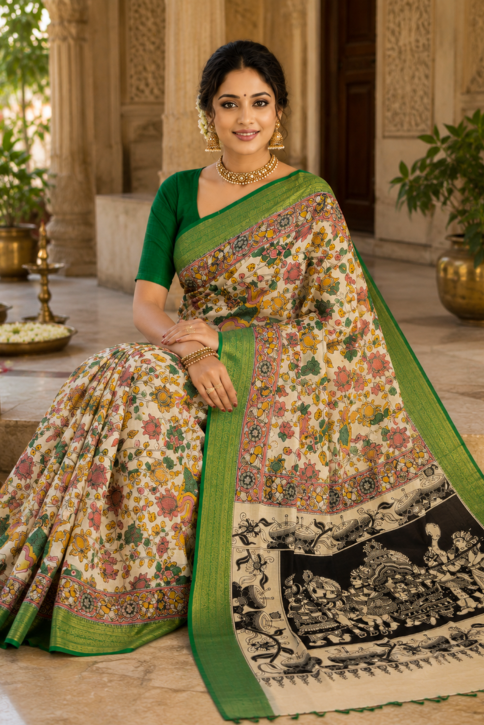 Vriksha Kalamkari Kanchi Silk Saree