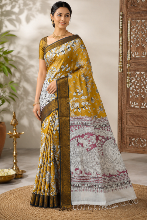 Mustard Bloom Kalamkari Silk