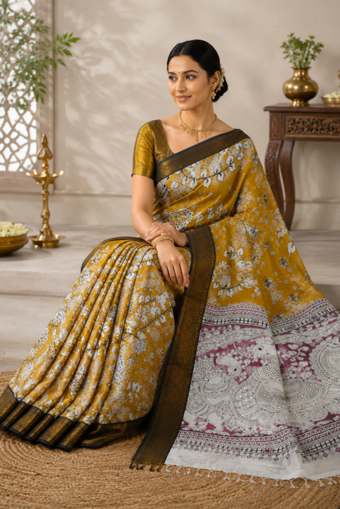 Mustard Bloom Kalamkari Silk