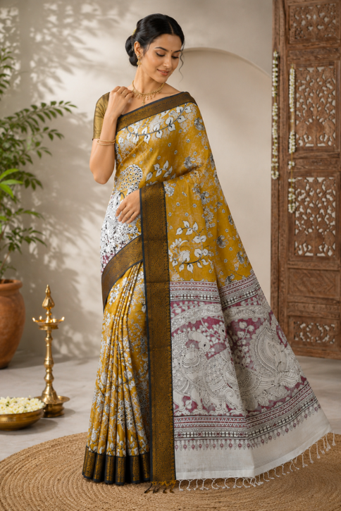 Mustard Bloom Kalamkari Silk