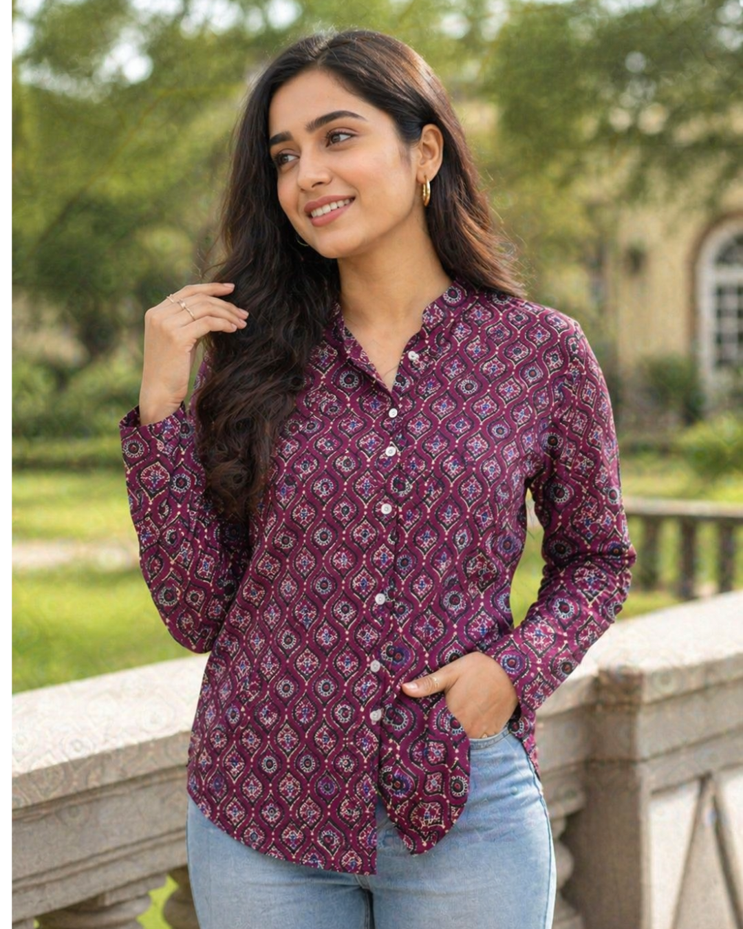 Wine Geometric Printed Casual Shirt