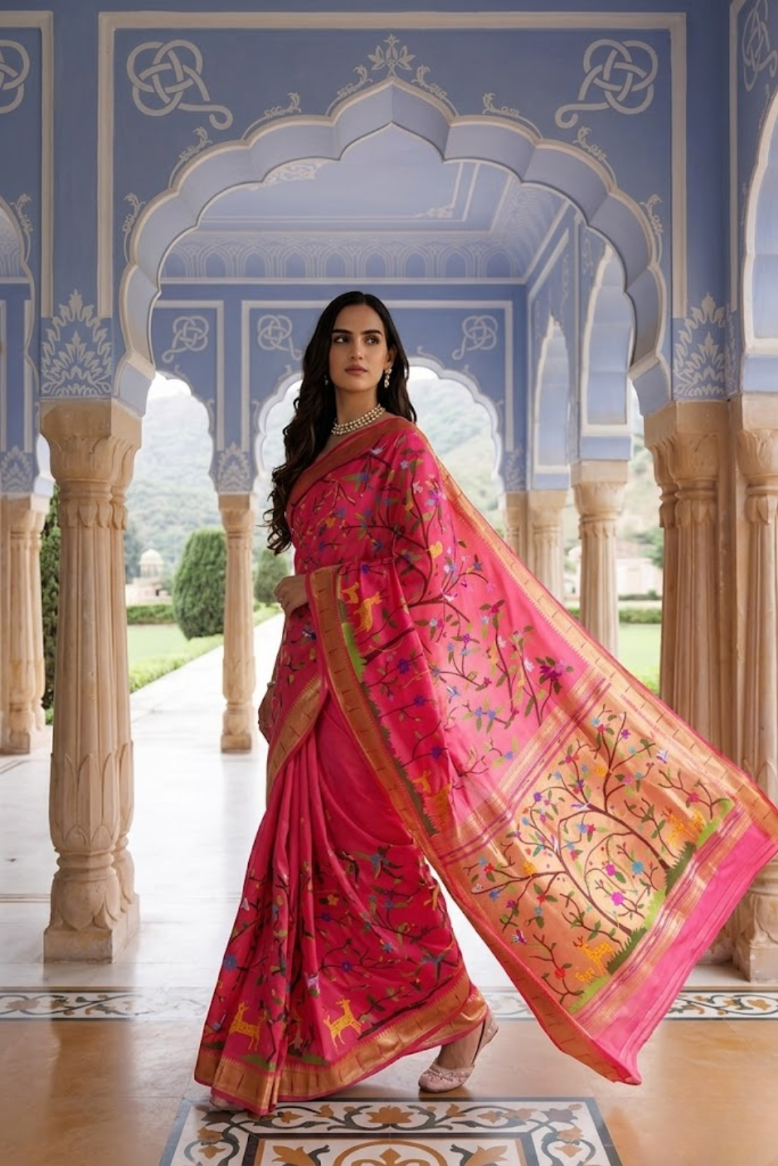 Pink Pure Silk Zari Paithani Nature Jungle Saree