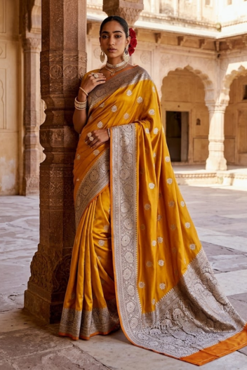 Mustard Yellow Mashru Silk Banarasi Saree with Zari Work