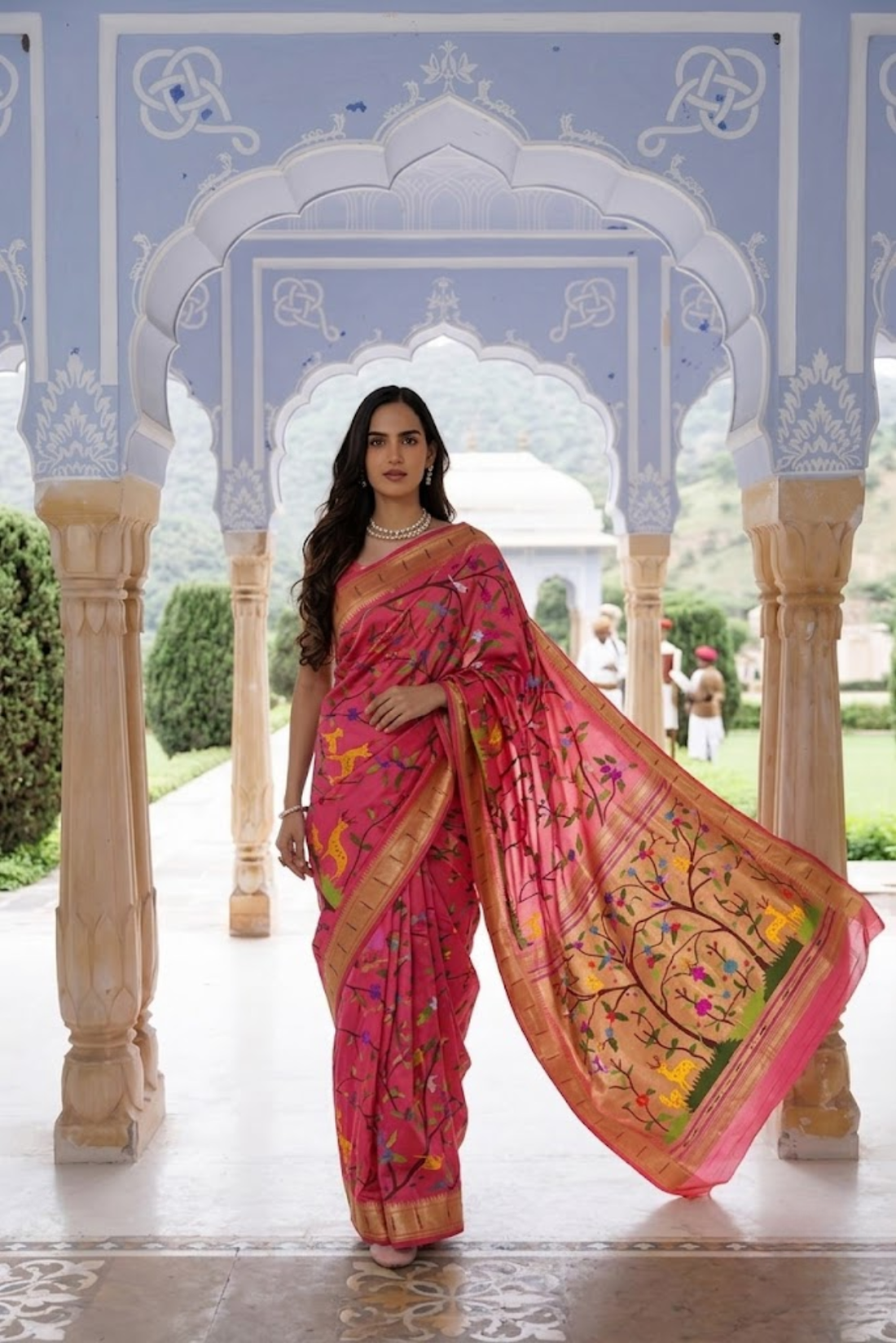 Pink Pure Silk Zari Paithani Nature Jungle Saree