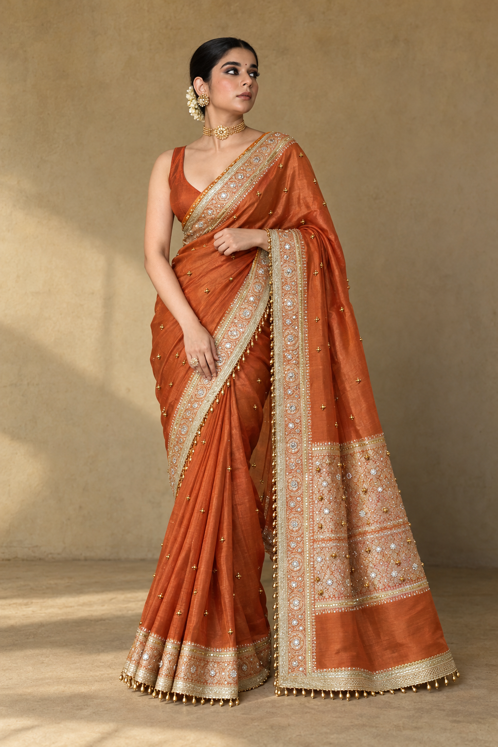 Rust Orange Embroidered Tissue Silk Saree