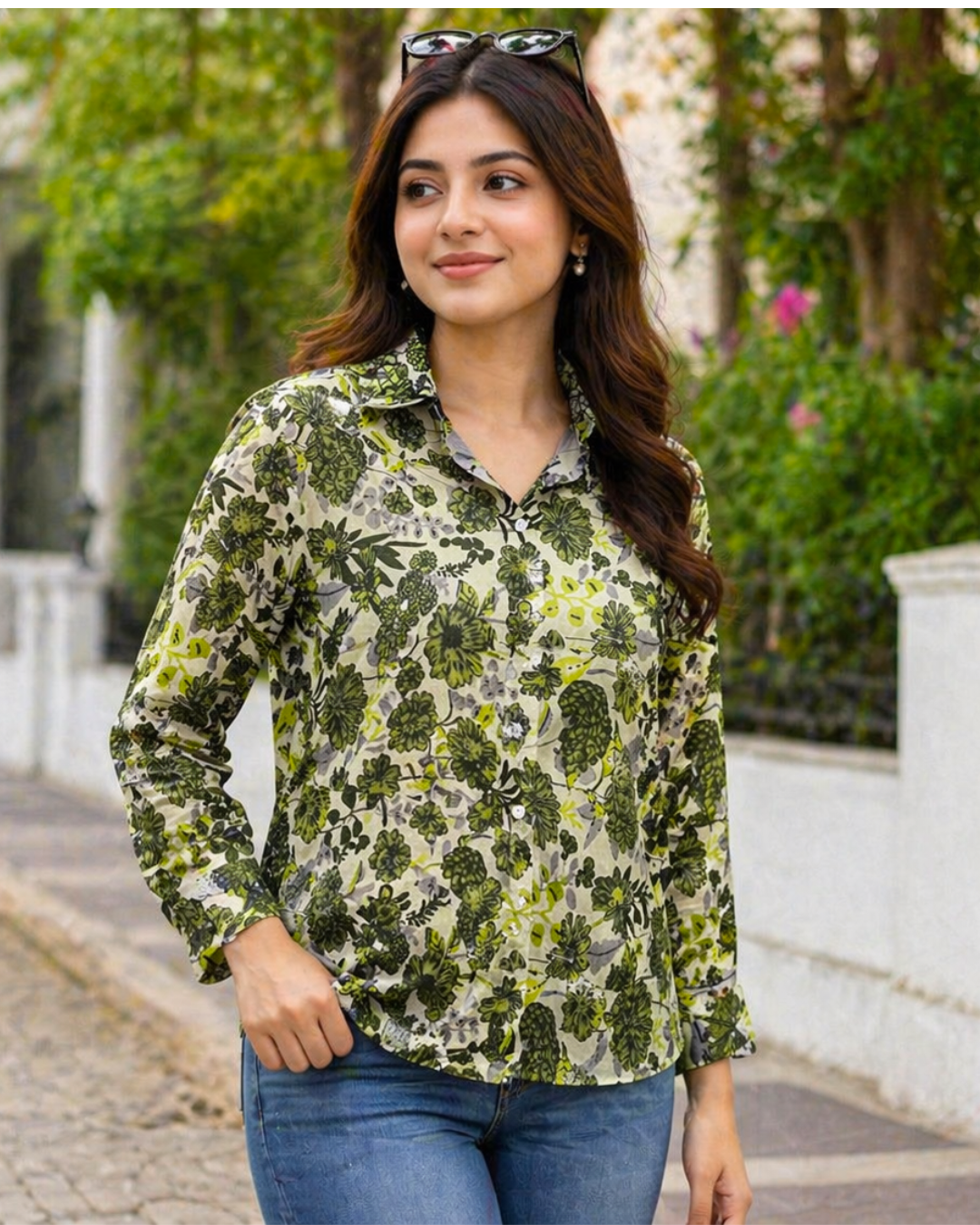Olive Green Floral Printed Casual Shirt