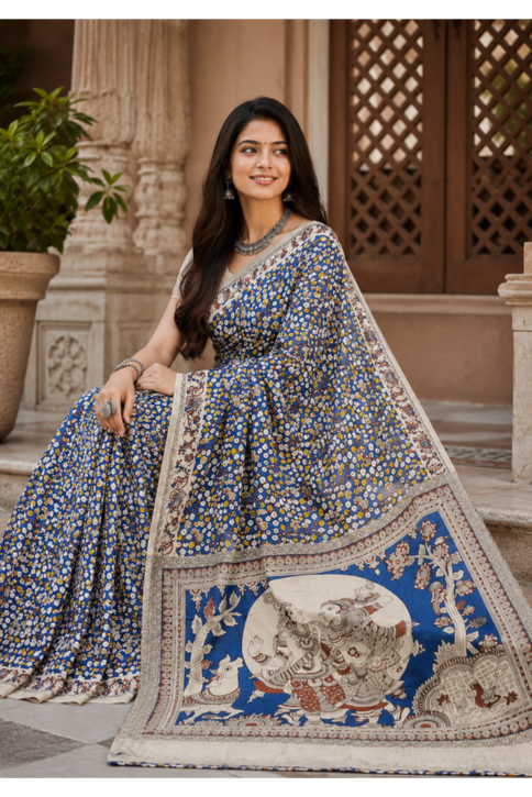 Neel Vrindavan Kalamkari Saree