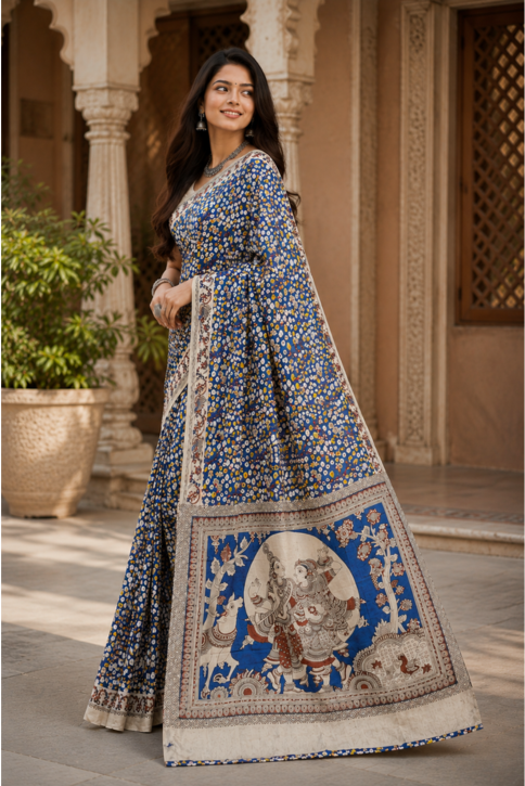 Neel Vrindavan Kalamkari Saree