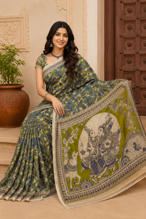 Krishna Vriksha Kalamkari Silk Saree