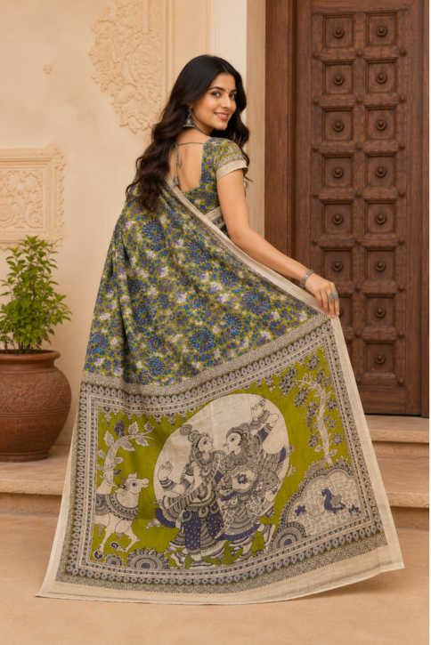 Krishna Vriksha Kalamkari Silk Saree