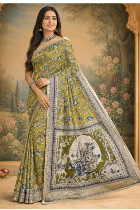 Vrindavan Olive Kalamkari Silk Saree