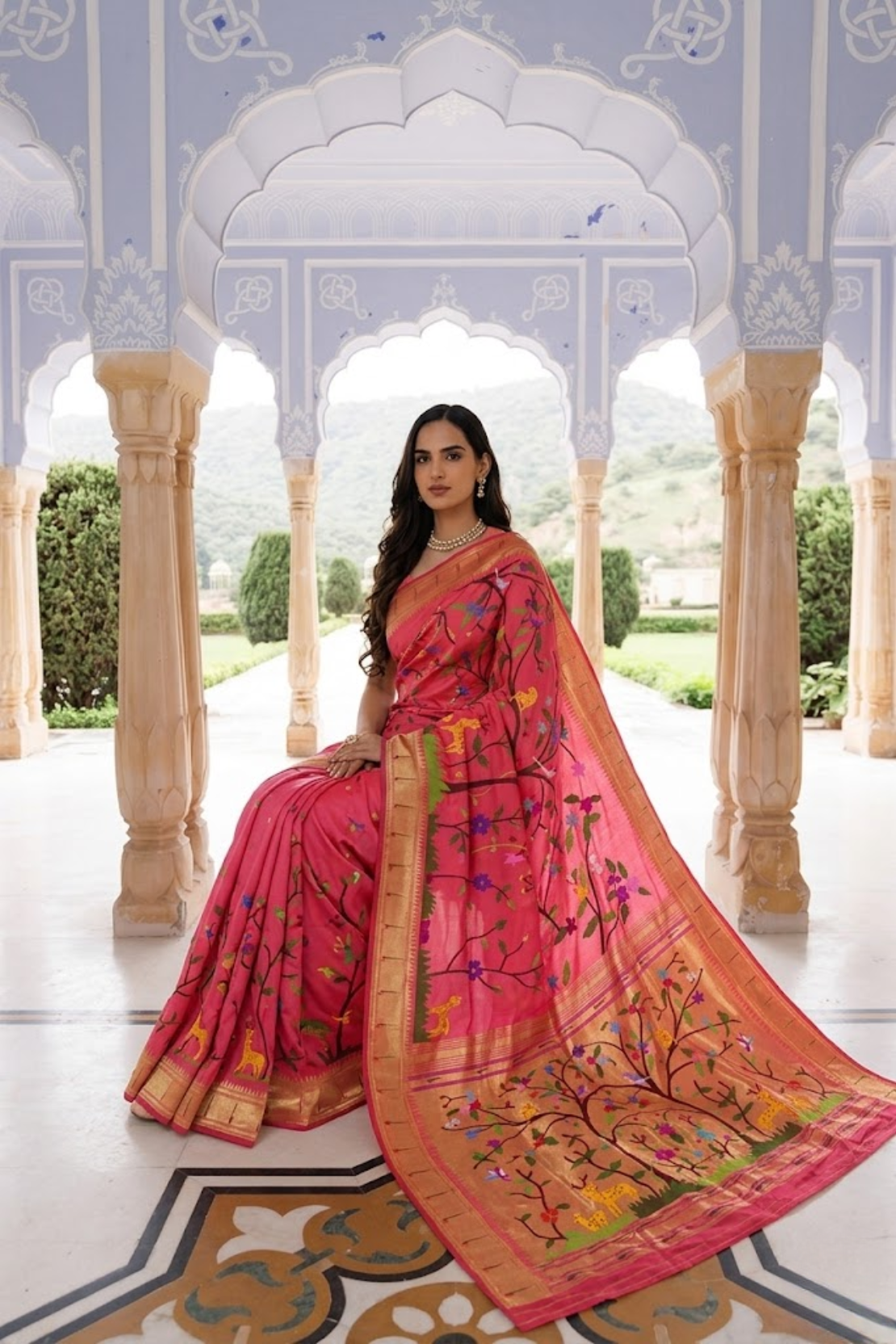 Pink Pure Silk Zari Paithani Nature Jungle Saree