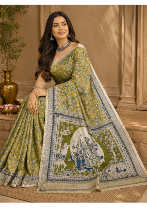 Vrindavan Olive Kalamkari Silk Saree