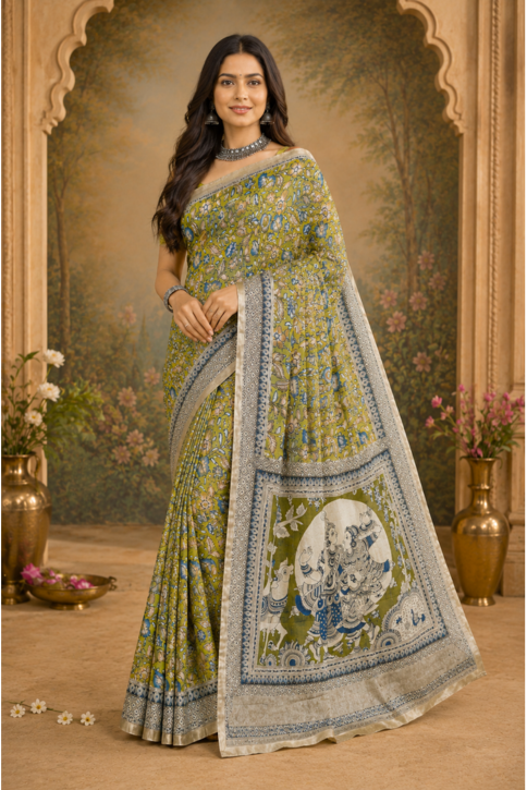 Vrindavan Olive Kalamkari Silk Saree