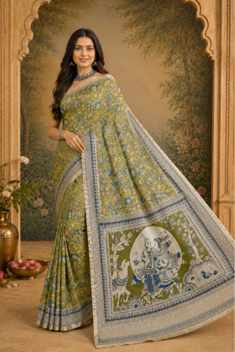 Vrindavan Olive Kalamkari Silk Saree
