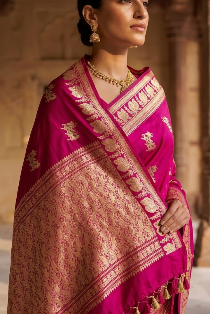 Rani Pink Pure Katan Silk Saree with Rich Zari Pallu