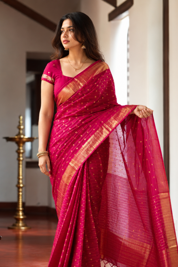 Rani Pink Chanderi Silk Cotton Handloom Saree