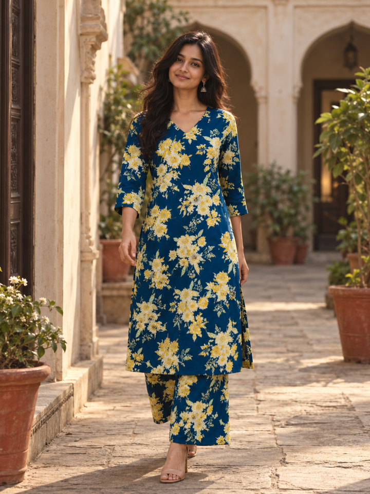 Navy Blue Floral Pure Cotton Kurta Palazzo Set