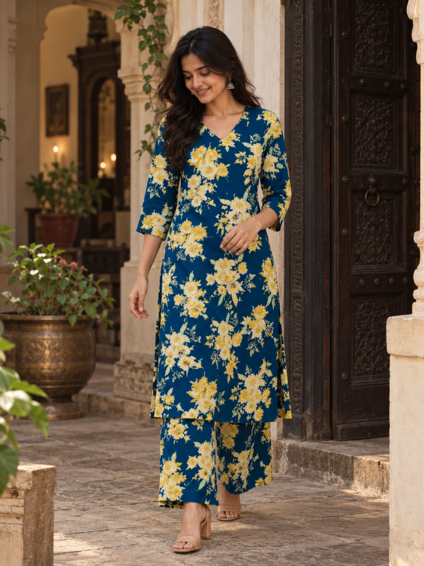 Navy Blue Floral Pure Cotton Kurta Palazzo Set