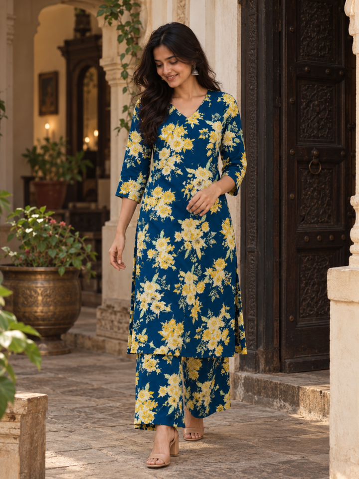 Navy Blue Floral Pure Cotton Kurta Palazzo Set