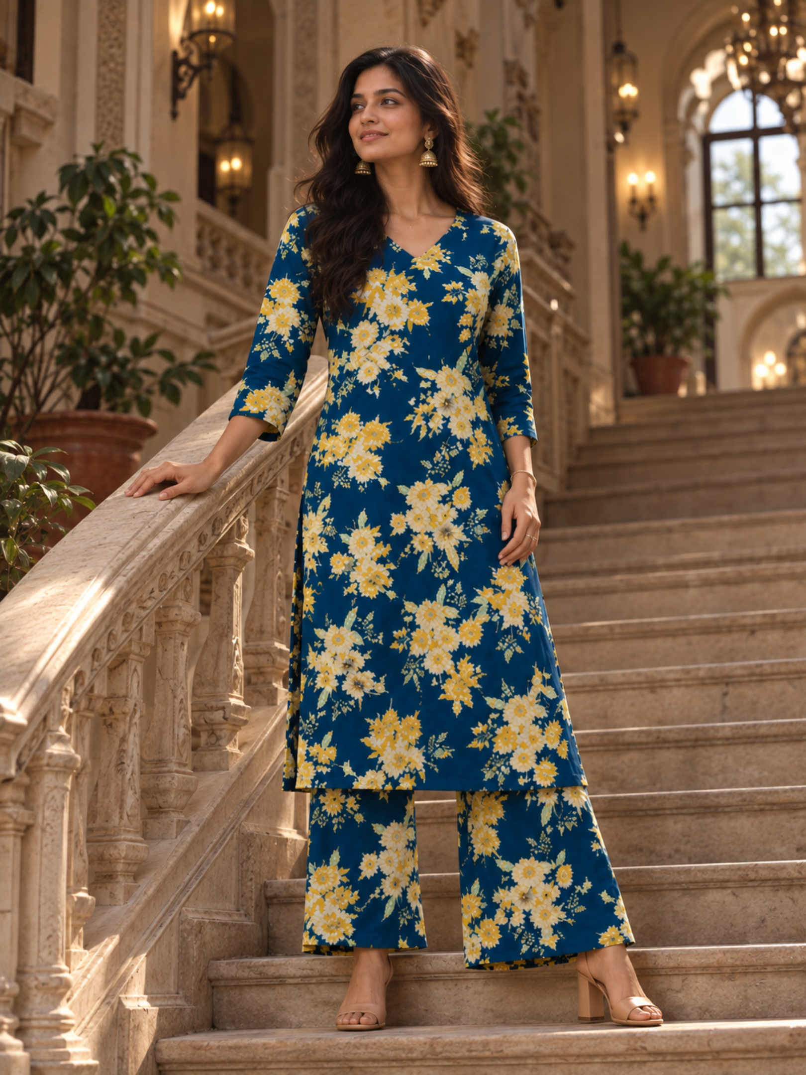 Navy Blue Floral Pure Cotton Kurta Palazzo Set