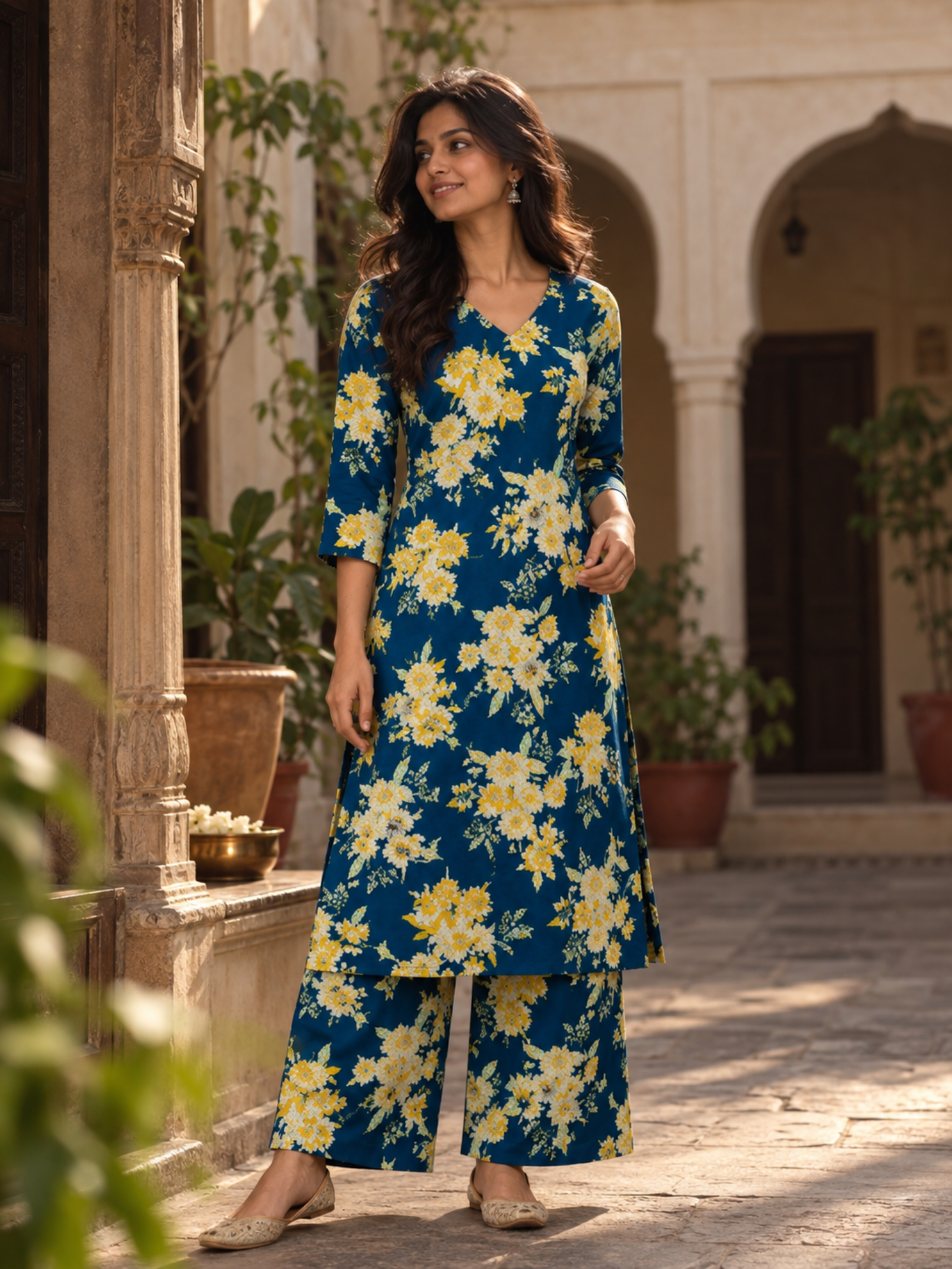 Navy Blue Floral Pure Cotton Kurta Palazzo Set