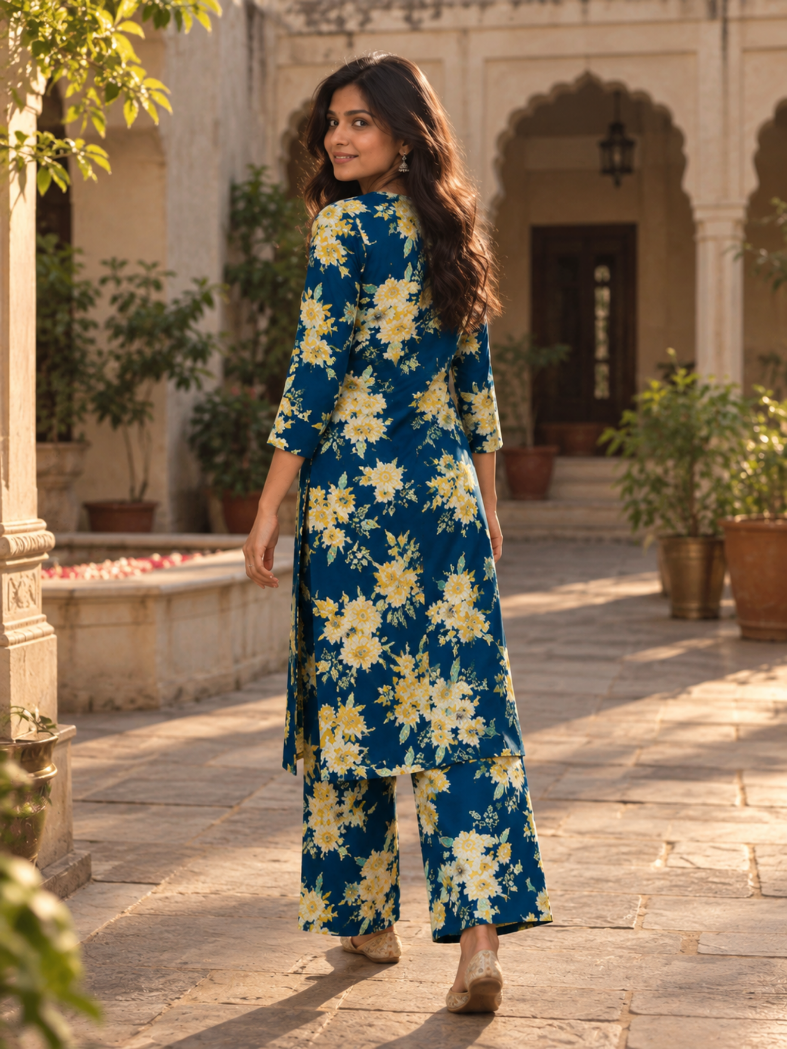 Navy Blue Floral Pure Cotton Kurta Palazzo Set