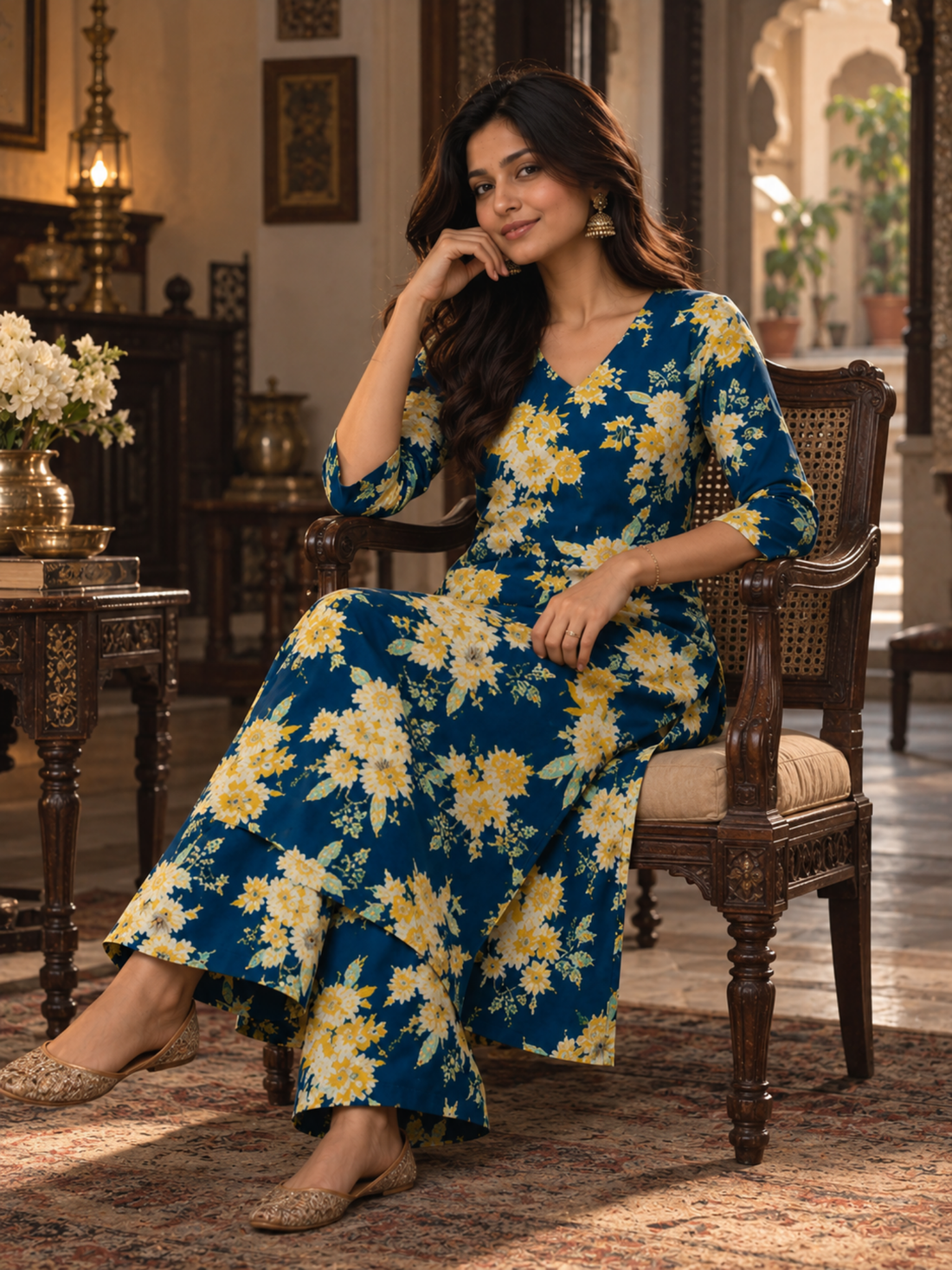 Navy Blue Floral Pure Cotton Kurta Palazzo Set