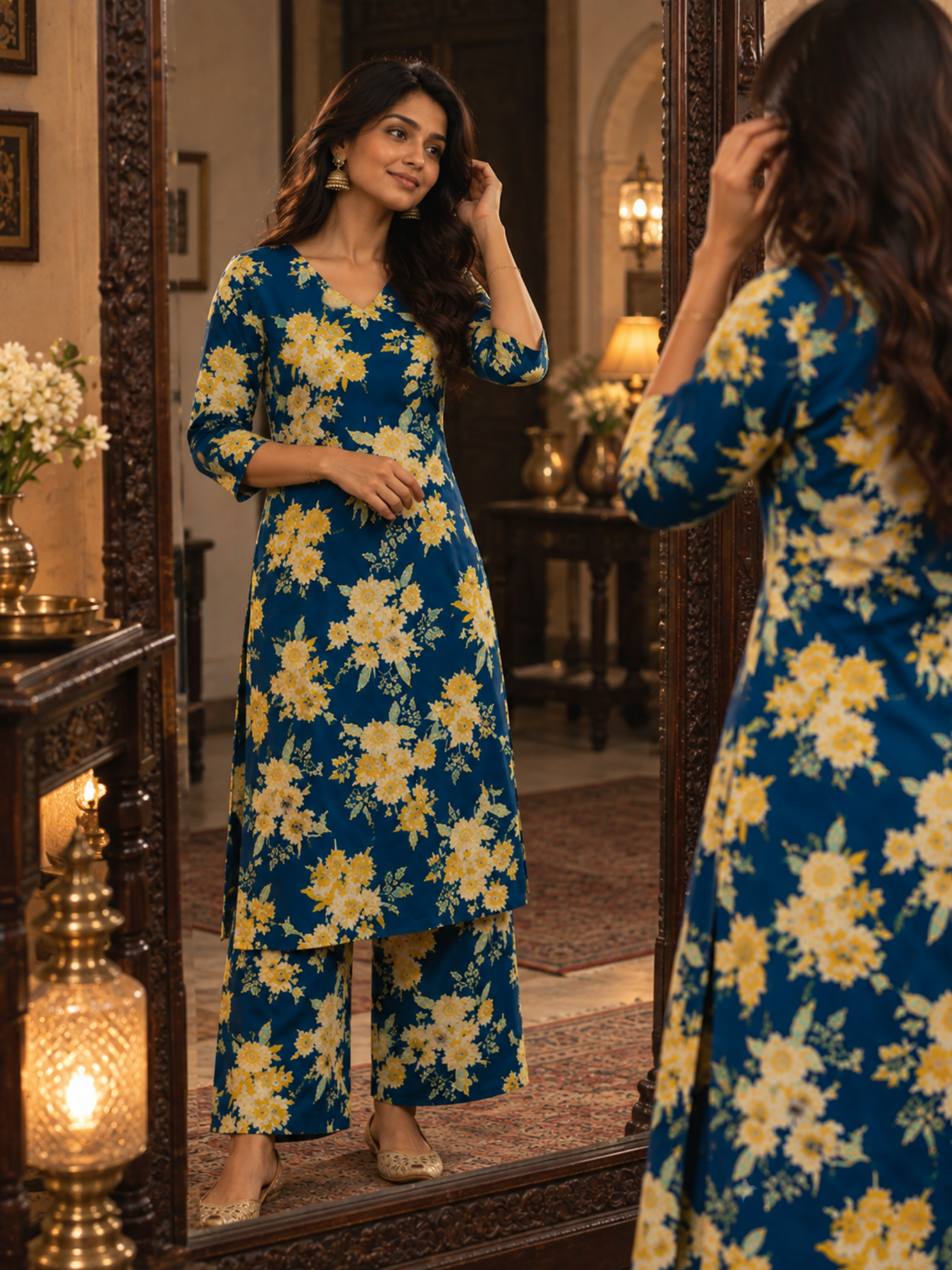 Navy Blue Floral Pure Cotton Kurta Palazzo Set