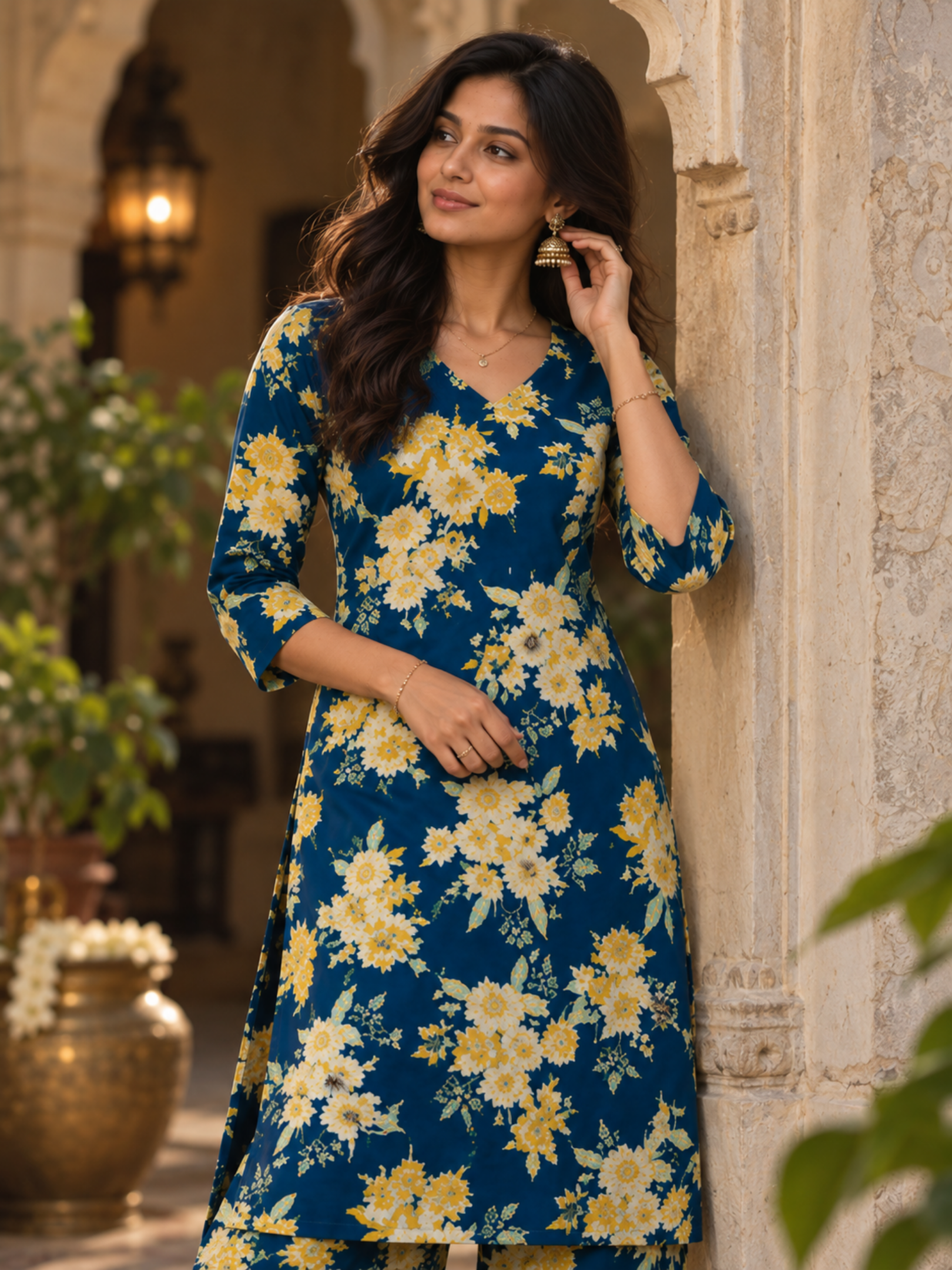 Navy Blue Floral Pure Cotton Kurta Palazzo Set