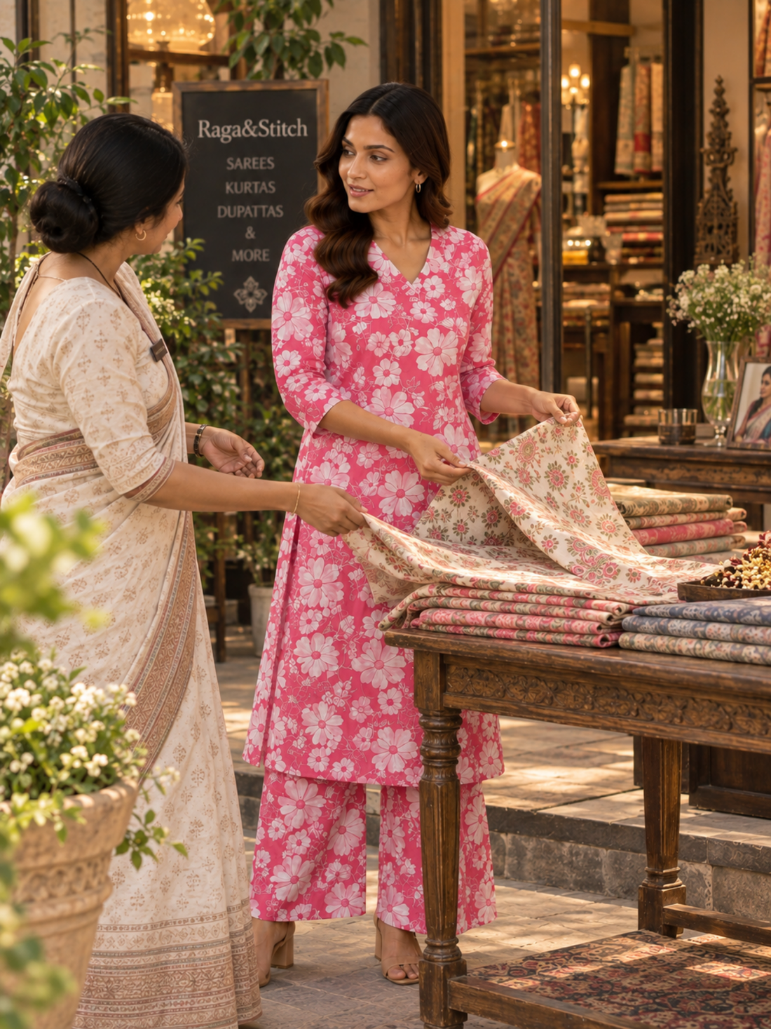 Pink Floral Pure Cotton Kurta Palazzo Set