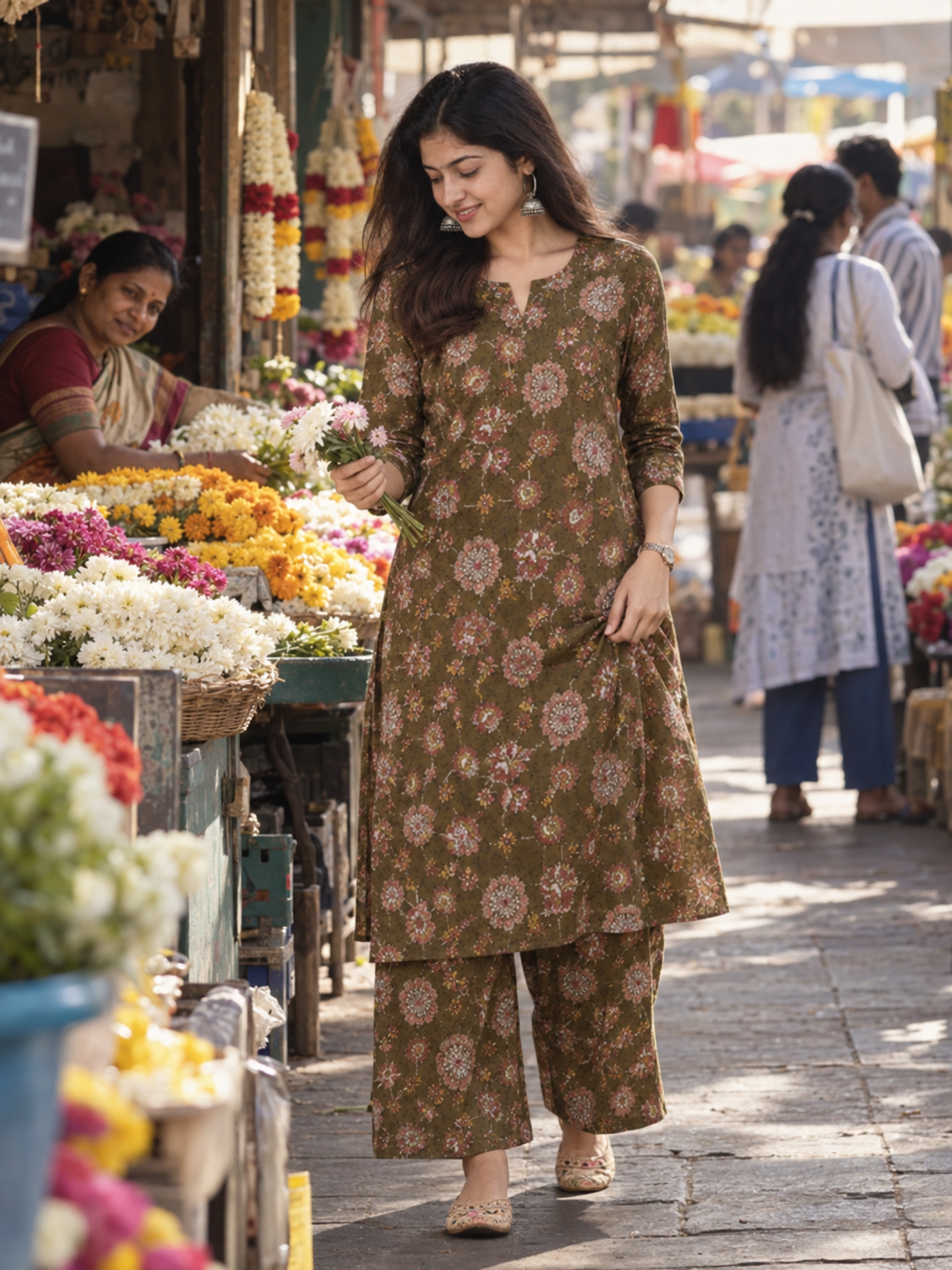 Olive Green Floral Pure Cotton Kurta Palazzo Set