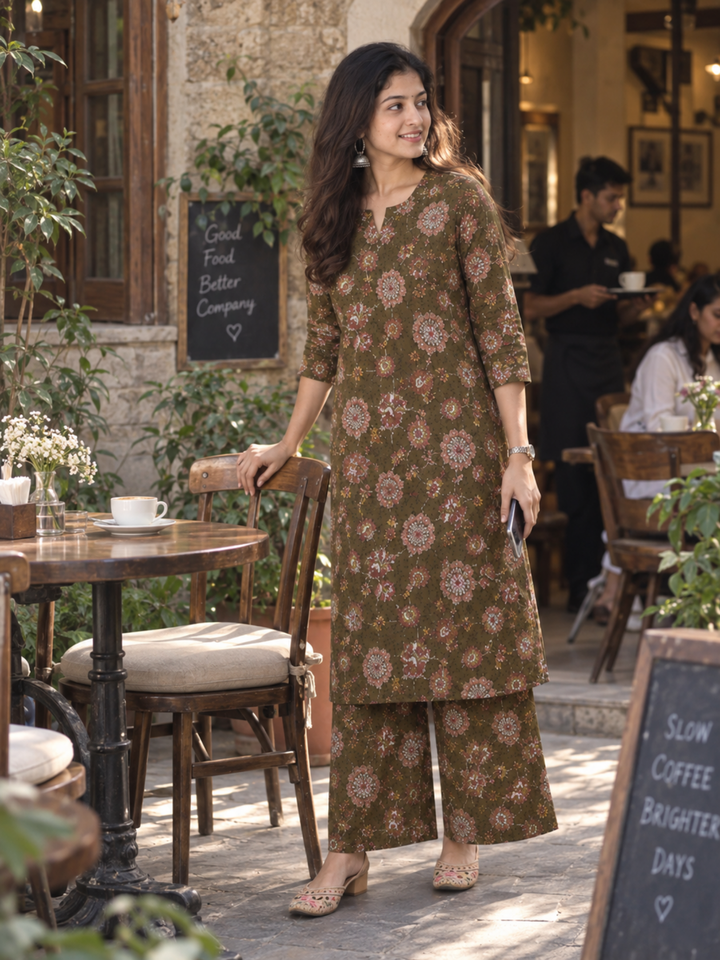 Olive Green Floral Pure Cotton Kurta Palazzo Set