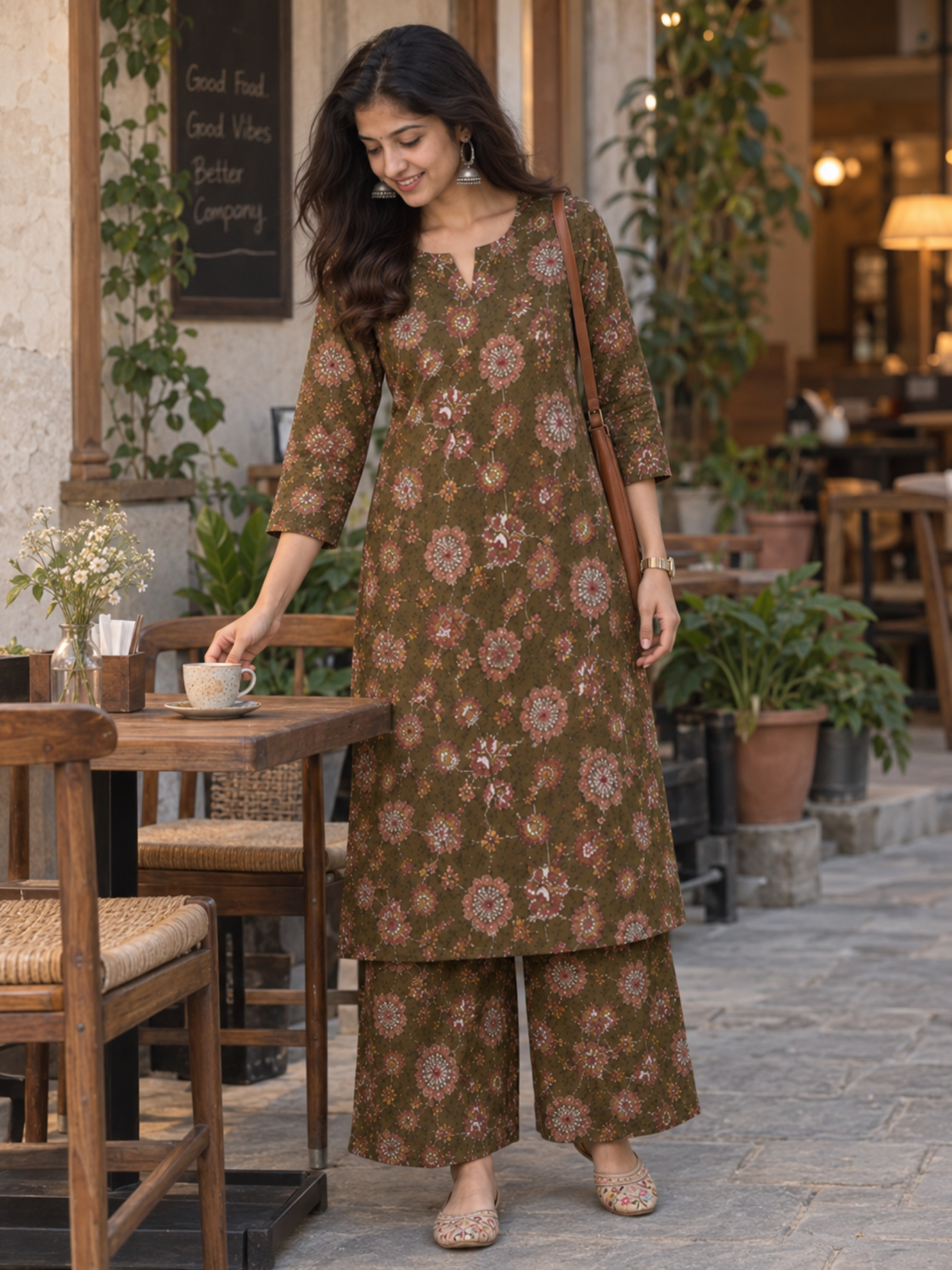 Olive Green Floral Pure Cotton Kurta Palazzo Set