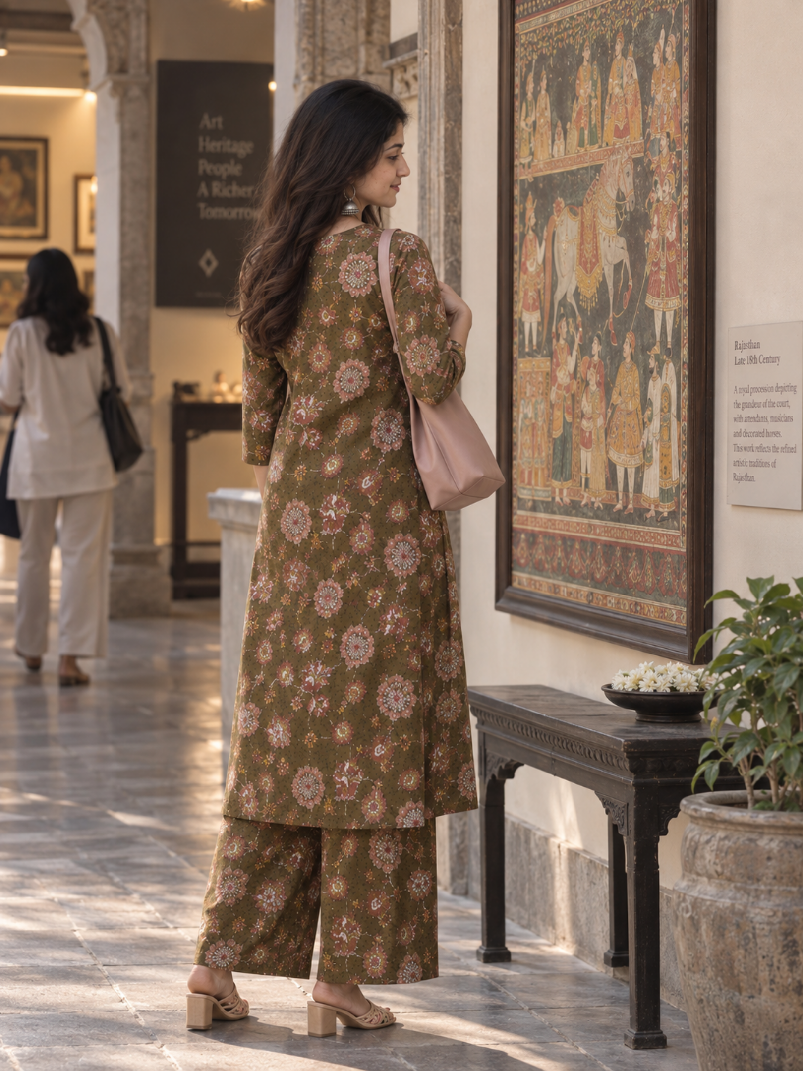 Olive Green Floral Pure Cotton Kurta Palazzo Set