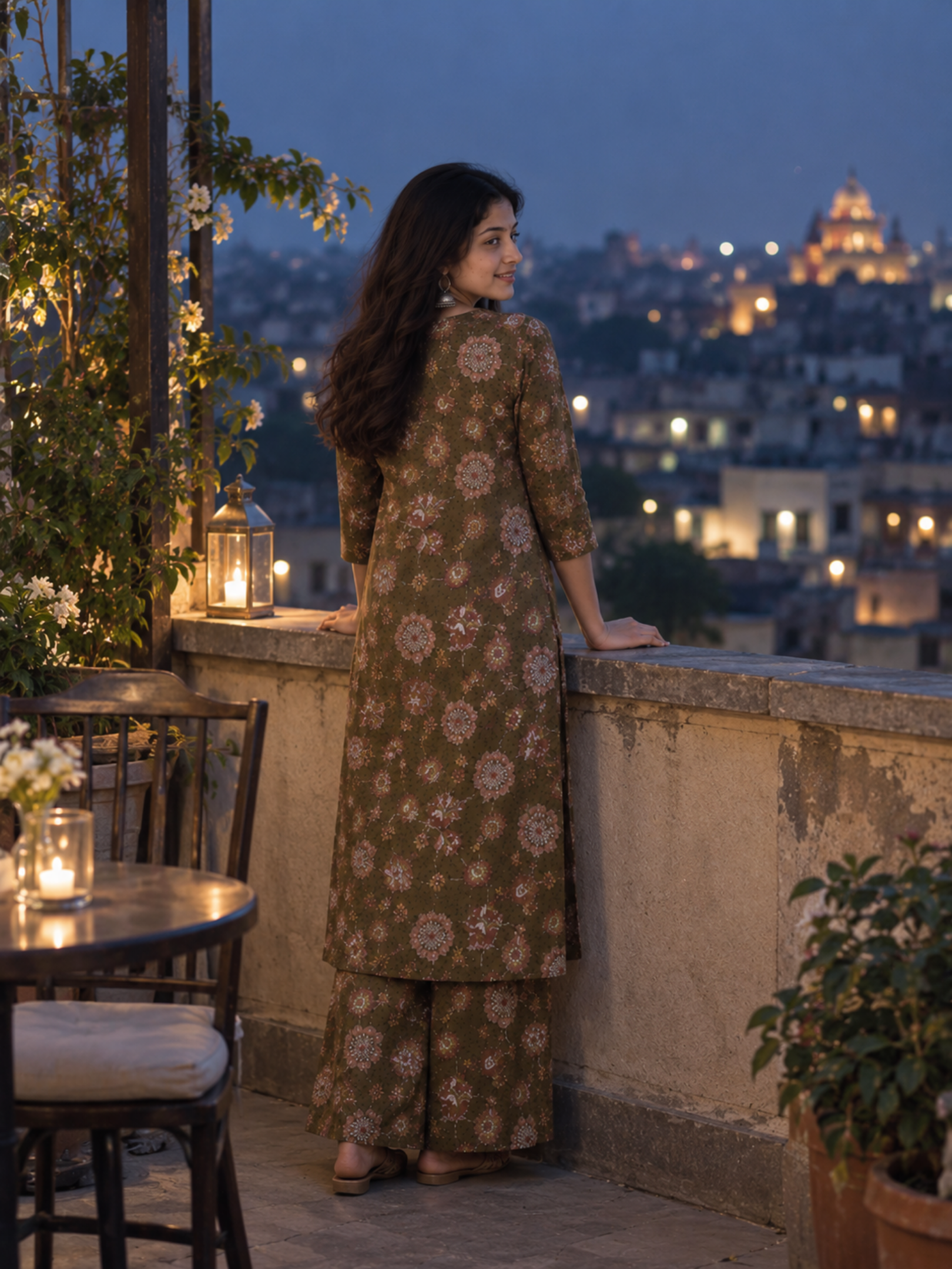 Olive Green Floral Pure Cotton Kurta Palazzo Set
