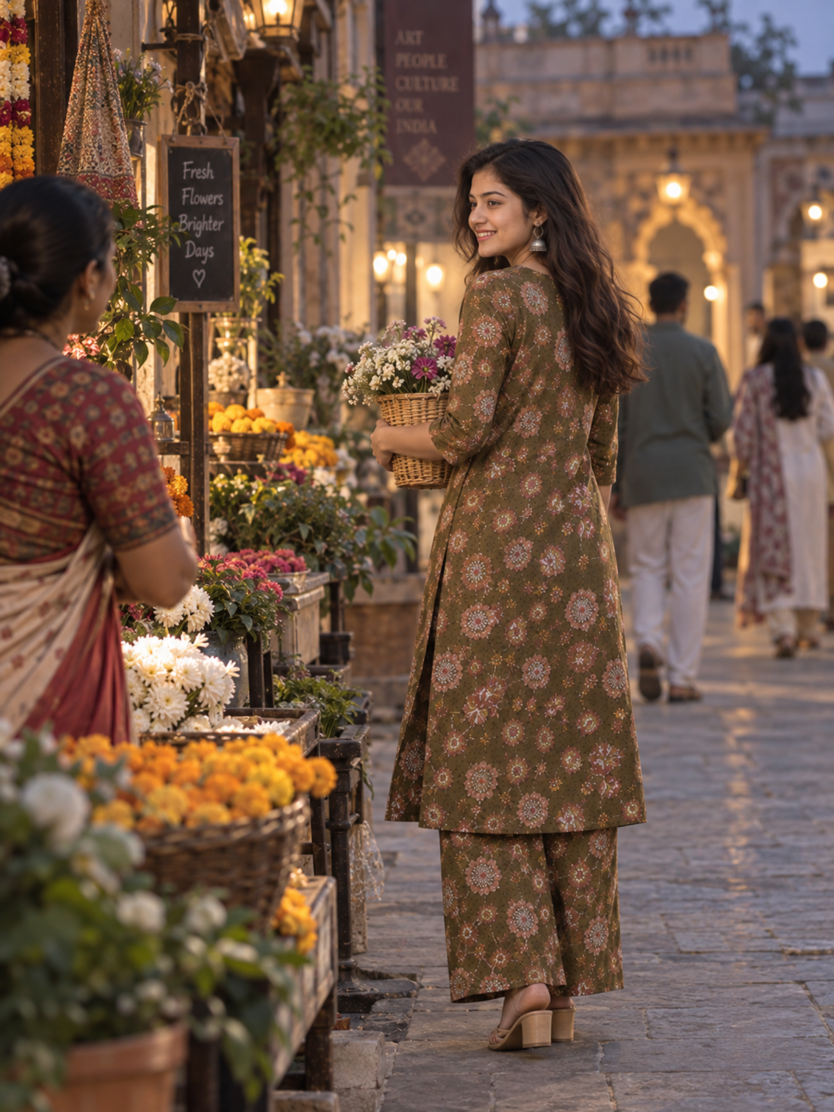 Olive Green Floral Pure Cotton Kurta Palazzo Set