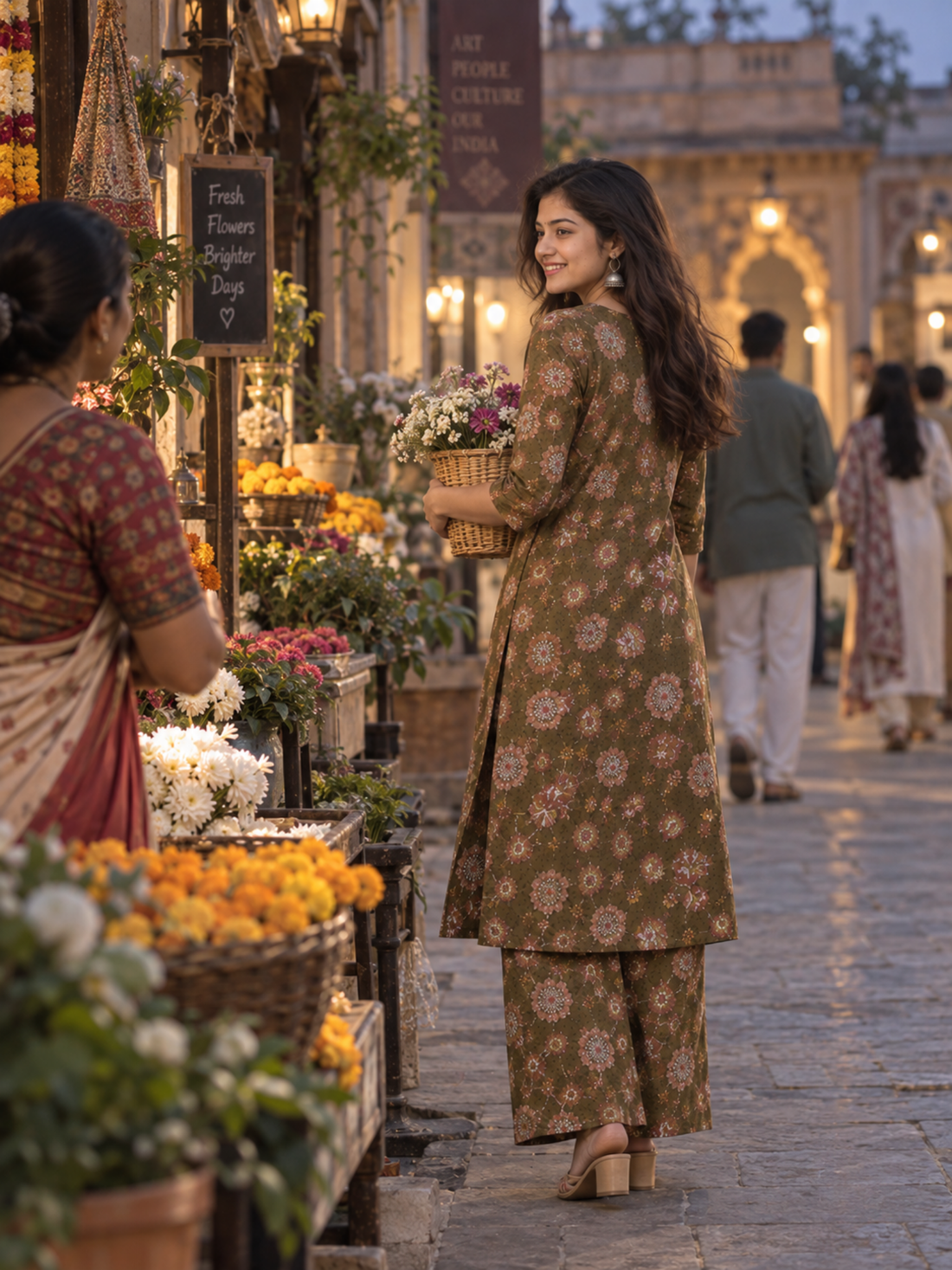 Olive Green Floral Pure Cotton Kurta Palazzo Set
