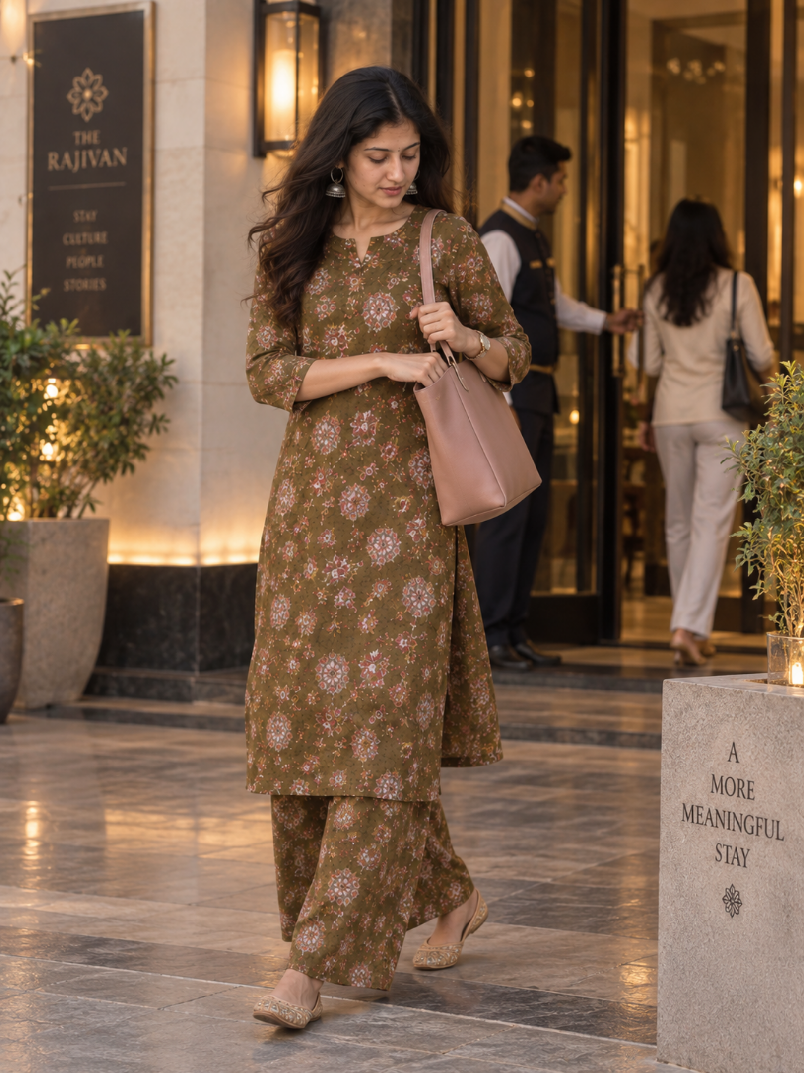 Olive Green Floral Pure Cotton Kurta Palazzo Set