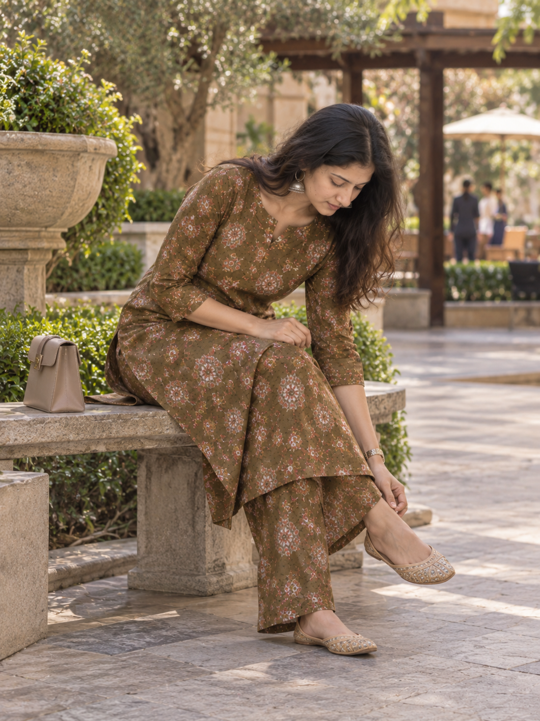Olive Green Floral Pure Cotton Kurta Palazzo Set