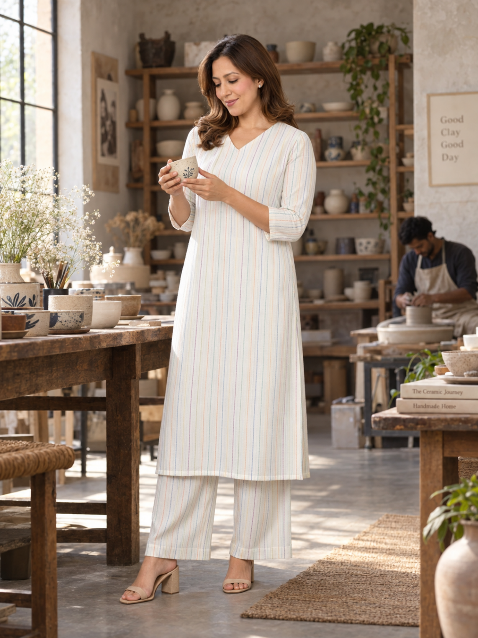 Ivory Striped Pure Cotton Kurta Palazzo Set