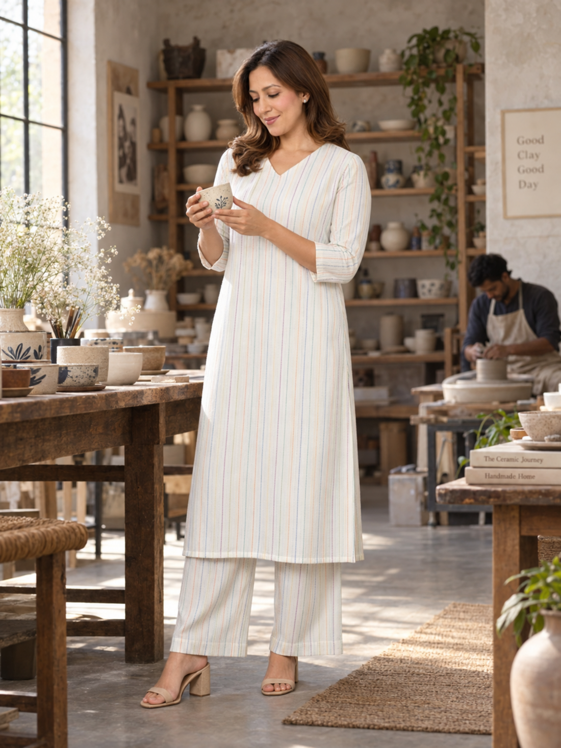 Ivory Striped Pure Cotton Kurta Palazzo Set