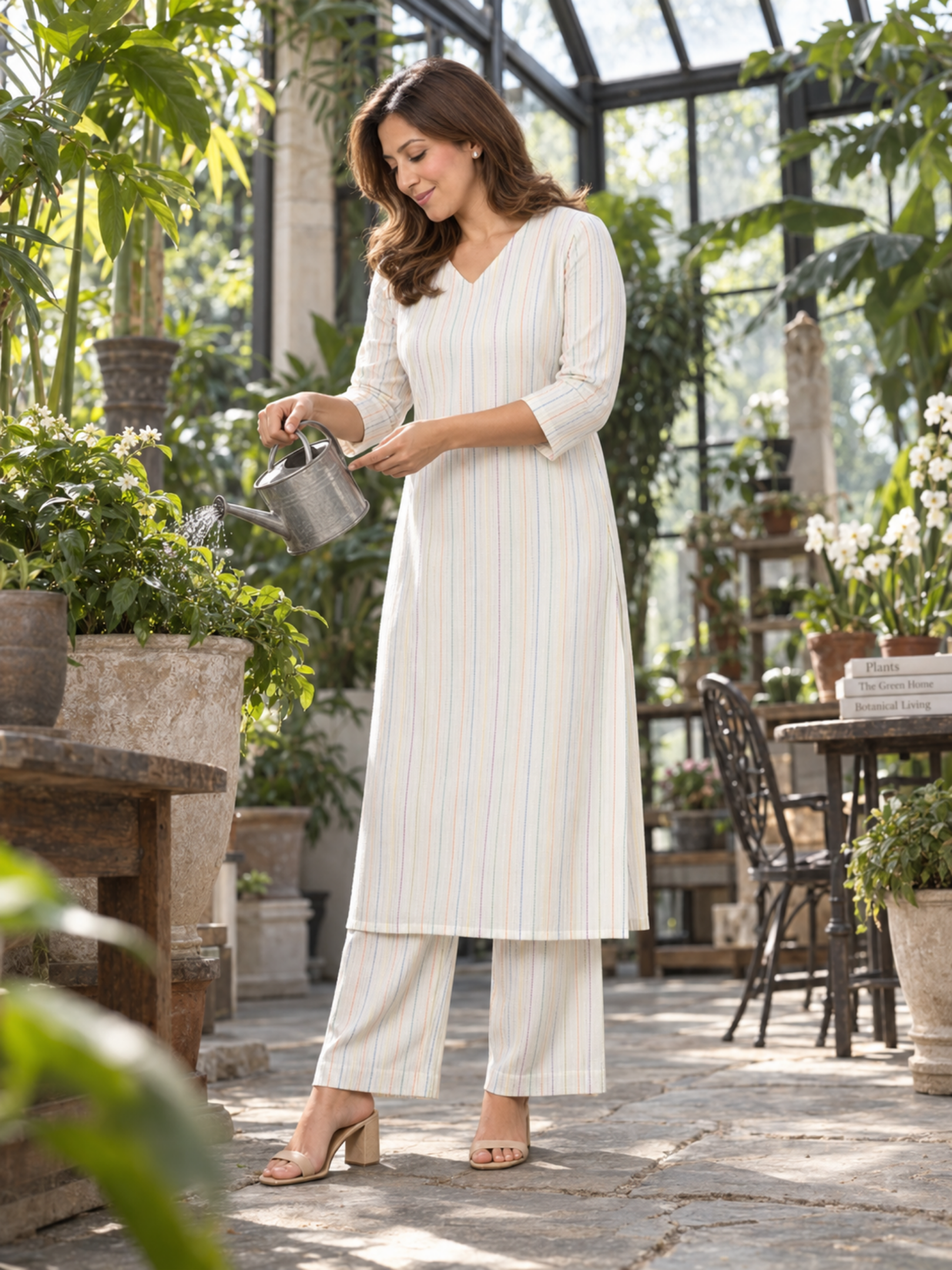 Ivory Striped Pure Cotton Kurta Palazzo Set