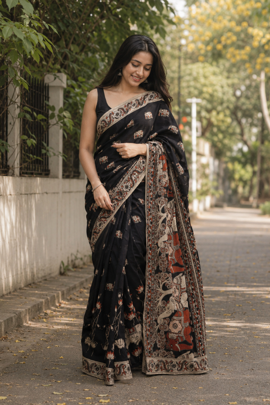 Gajra Noir Kalamkari Cotton Saree