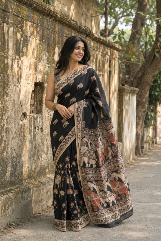 Gajra Noir Kalamkari Cotton Saree