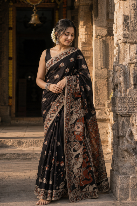Gajra Noir Kalamkari Cotton Saree