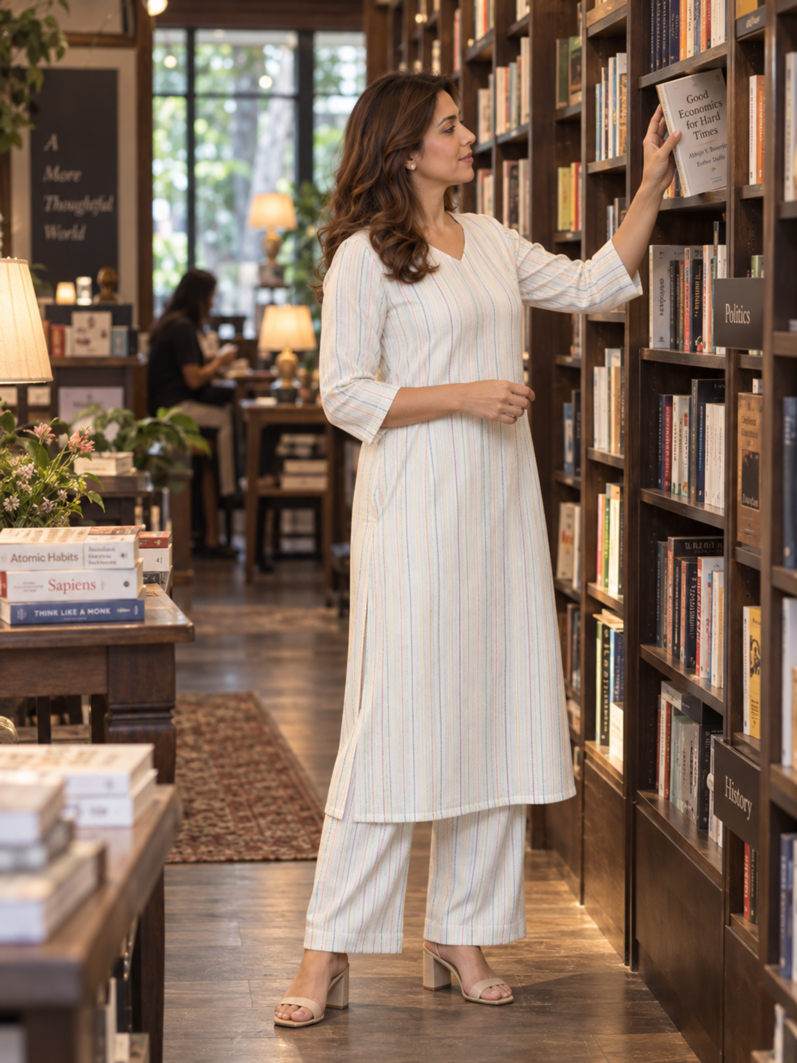 Ivory Striped Pure Cotton Kurta Palazzo Set