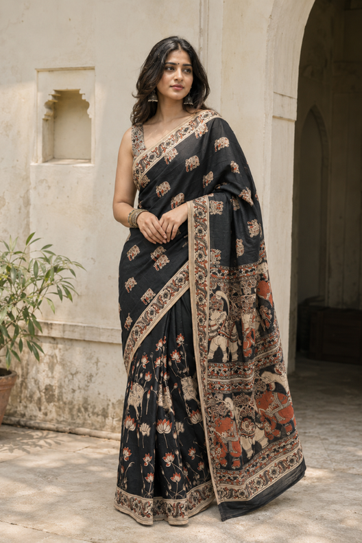 Gajra Noir Kalamkari Cotton Saree