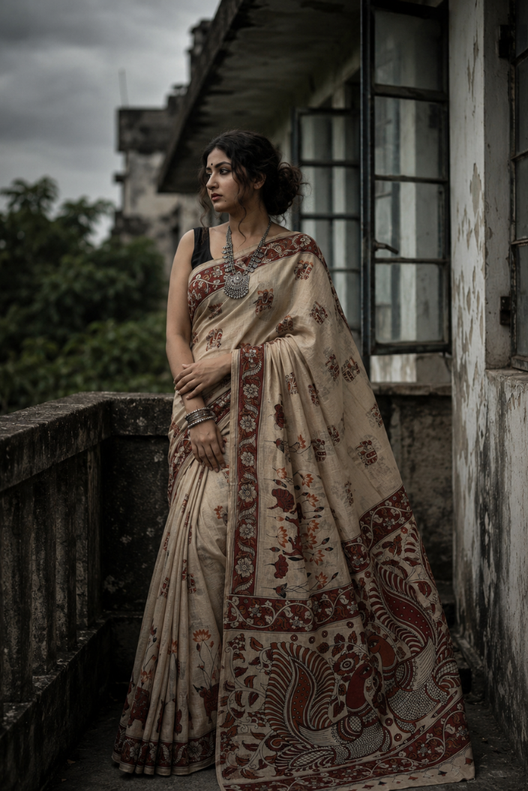 Rajvanshi Mayur Kalamkari Cotton Saree